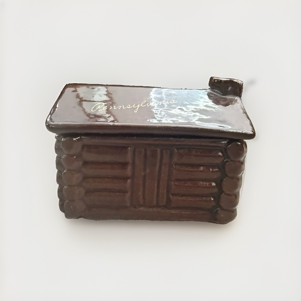 Vintage Brown Ceramic Log Cabin Trinket Box Pennsylvania EXCELLENT